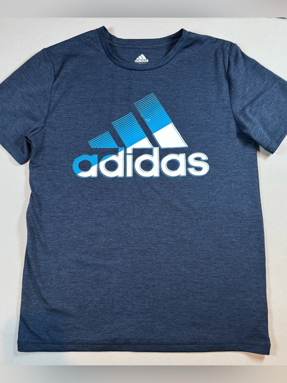 Adidas Boys Navy Blue Heather Performance Logo Shirt - Size Large 14/16